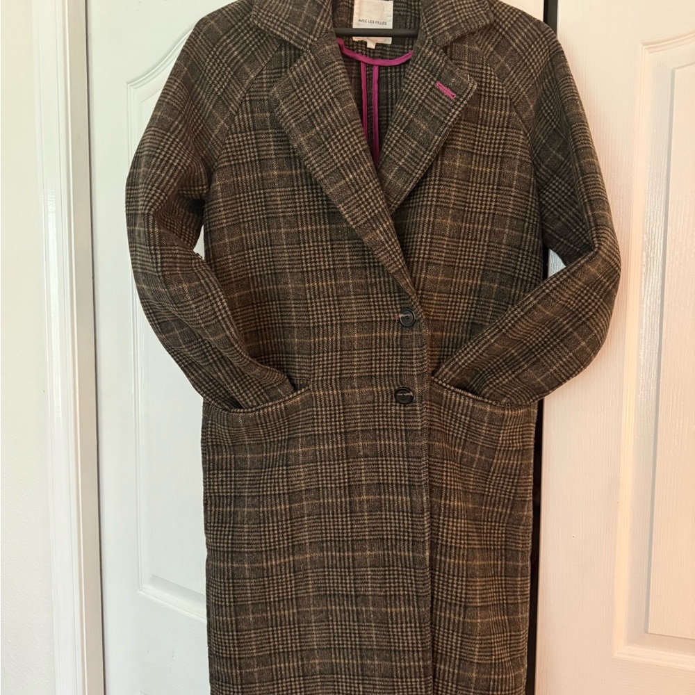 Avec Les Filles Plaid Brown oversized Women's Coat, pink accents, size xs, cute!